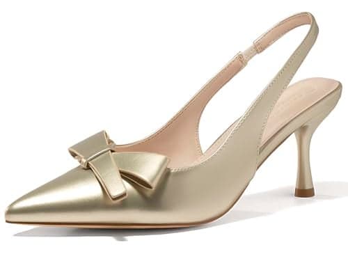Coutgo Womens Slingback Kitten Heels Bow Closed Pointed Toe Pumps Slip on Office Work Dress Shoes, Light Gold, Size 8.5