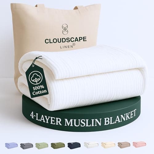 Cloud Scape Linen 4 Layer Oversized Muslin Blanket King Size - 100% Cotton, Lightweight & Breathable All Season Blanket for Bed, fits California King, 92x108, White