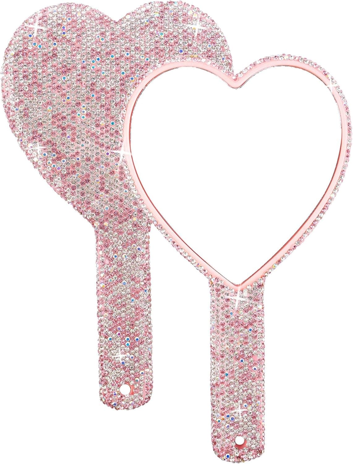 Framendino, 1 Pack Large Rhinestone Handheld Mirror Heart Bling Glitter Cosmetic Dazzling Portable Hand Mirrors with Handle for Women Wedding Pink