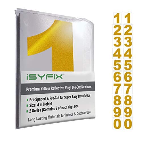 iSYFIX Reflective Yellow Vinyl Numbers Stickers 4 Inch Self Adhesive 2 Sets Premium Decal Die Cut and PreSpaced for Mailbox Signs Window Door Cars Address Numbers Indoor or Outdoor