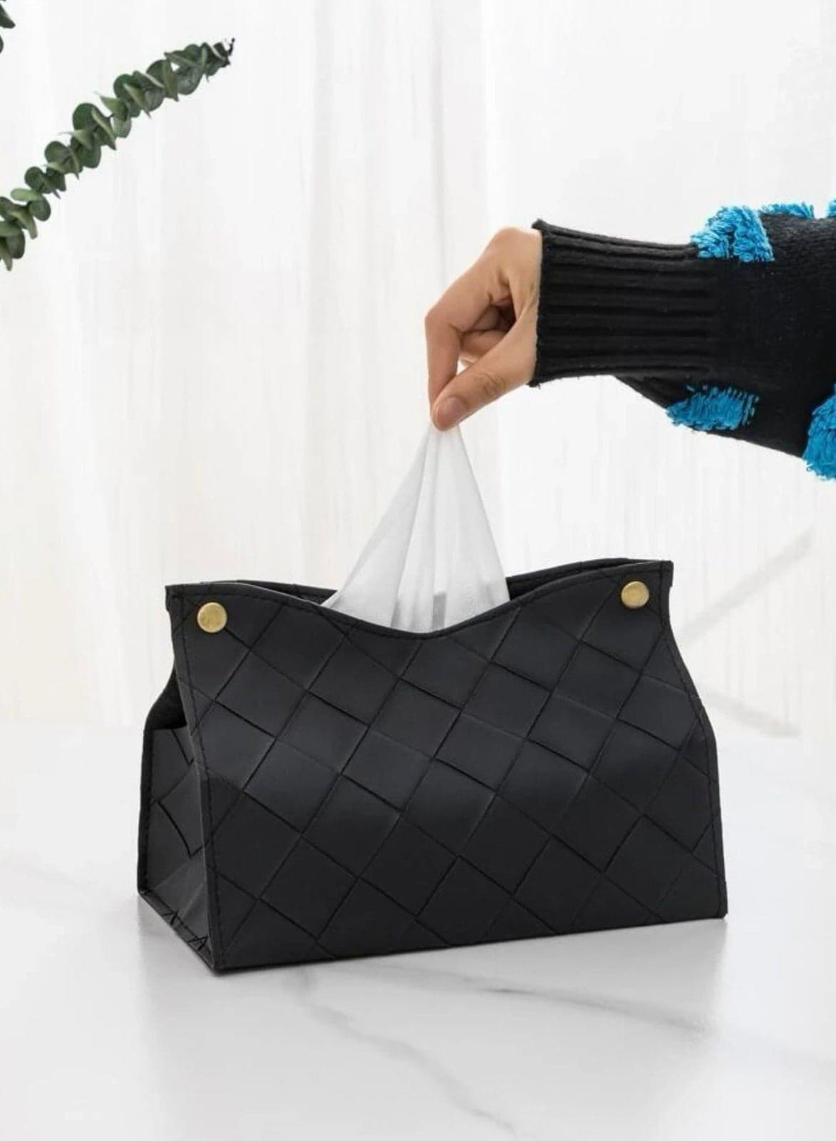 black leather tissue box