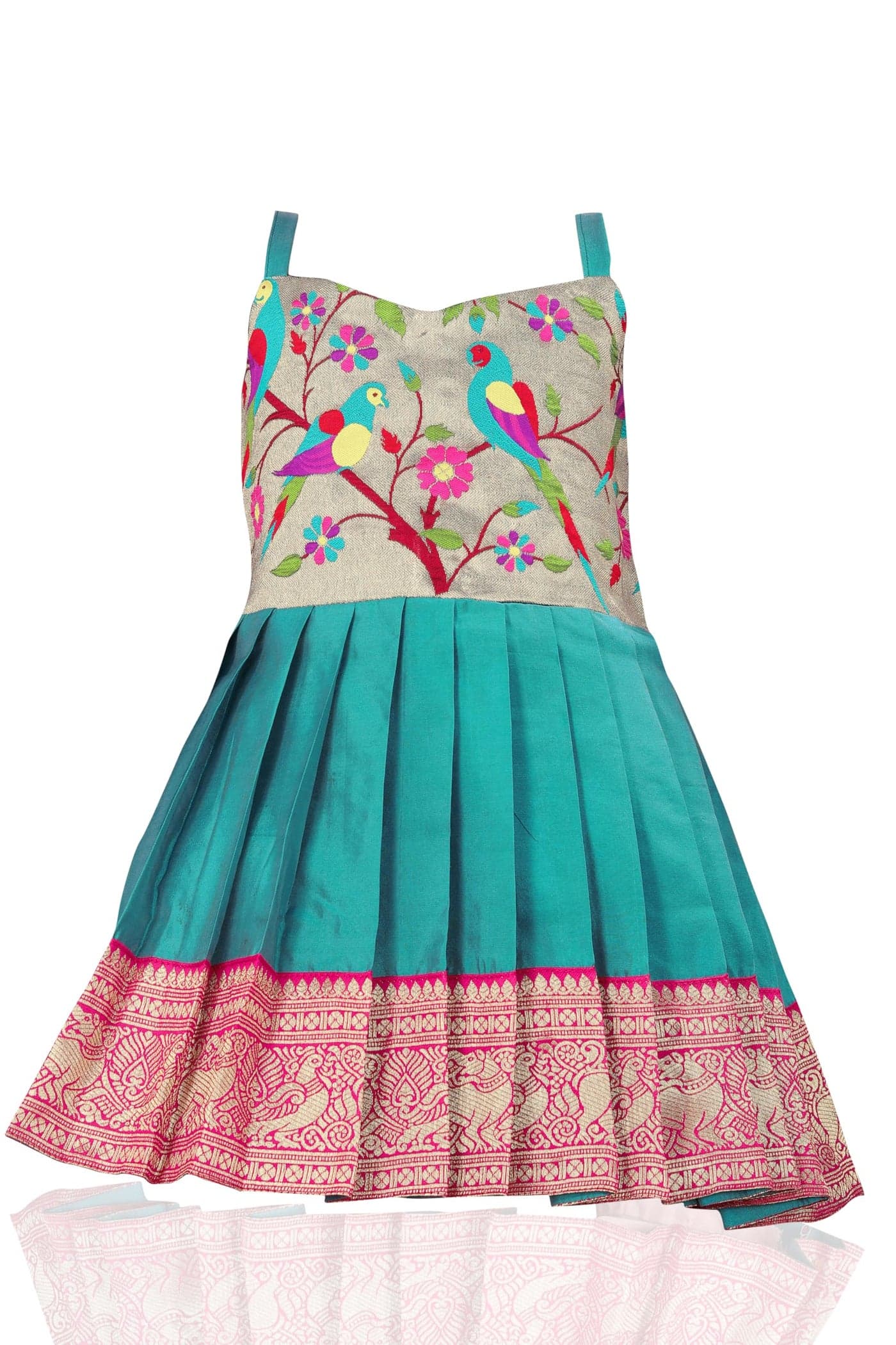 COMRATE South Indian Traditional Pattu Pavadai Tapeta Silk Knee-Length Sky Blue Frock Dress For Baby Girls, 6 Months-12 Months