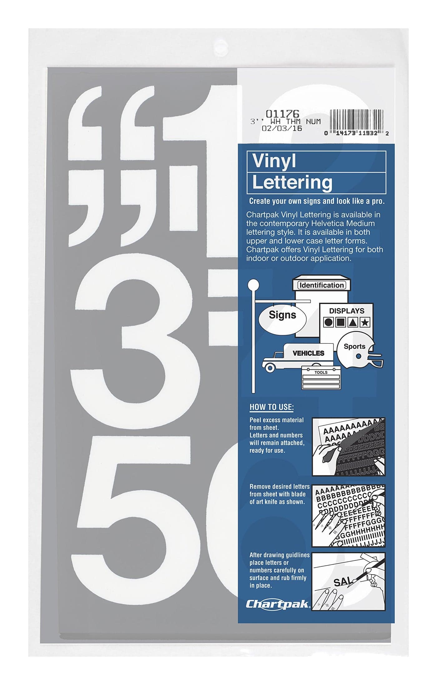 CHARTPAK Self-Adhesive Vinyl Numbers, 3 Inches High, White, 10 per Pack (01176)
