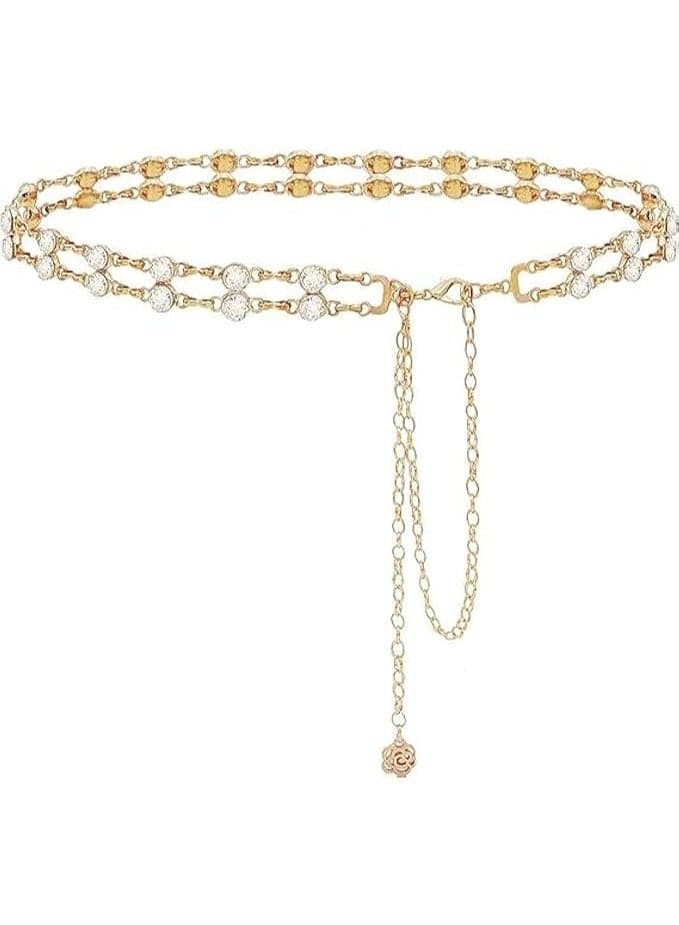 Rhinestone Chain Belts, Crystal Double Layered Waist Chain for Women Girls, Adjustable Waist Chain for Dresses Jeans