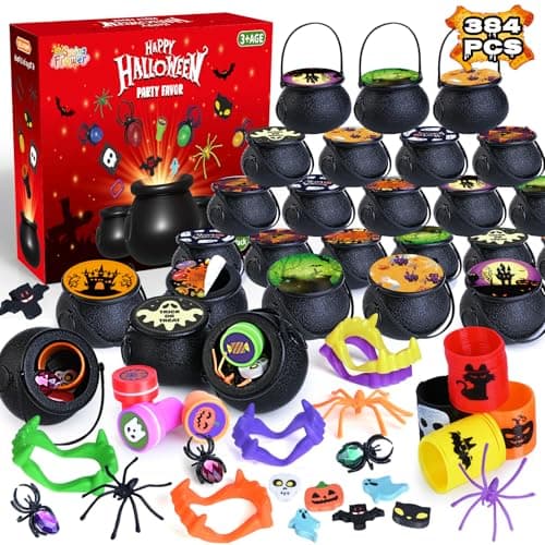 SpringFlower 384 PCS Halloween Party Favors For Kids 48 Pack Bulk Prefilled Witch Cauldrons Witch Halloween Toys in Bulk Halloween Party Supplies Halloween Prizes Gifts for Kids Trick or Treat