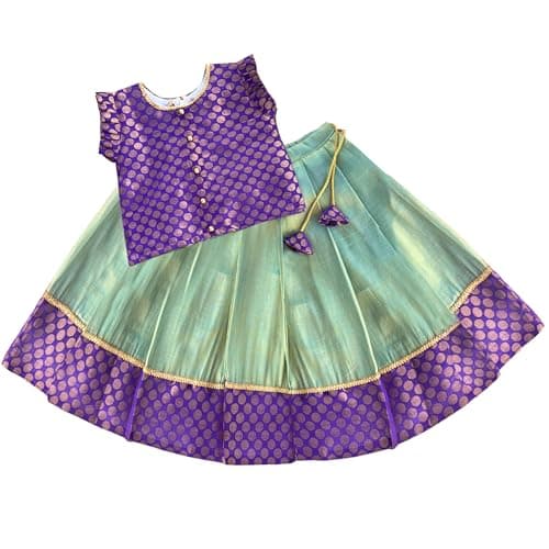 Stanwells Kids Lehenga Choli For Girls Polka Dots Silk Traditional Dress Ethnic Wear Lehenga For Baby Girls Kerala South Indian Pattu Pavadai (Pastel Green & Violet 3-4 Years)