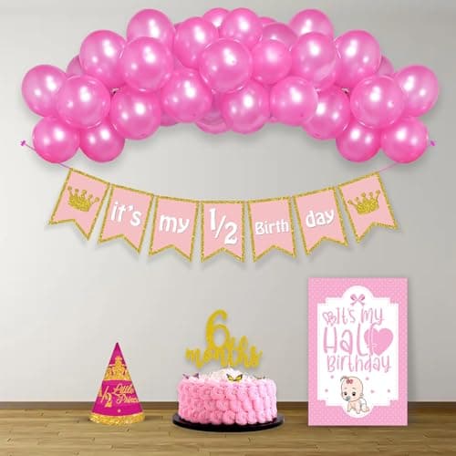 Party Propz Half Birthday Decorations For Baby Girl - 24Pcs Half Way To One Decoration Kit | Half Birthday Banner (Cardstock, Latex)