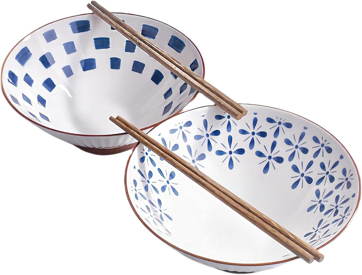 Set of 2 Japanese Ceramic Noodle Bowls and Chopstick 82 Inch Traditional HandPainted Designs for Ramen Udon Miso Soup Stylish Durable Serving Bowls for Asian Cuisine hs