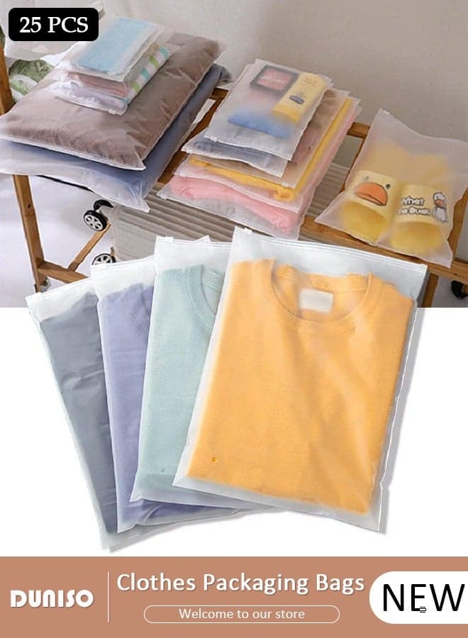 25 Pcs Frosted Clothes Packaging Bags for Shipping, Reusable Frosted Zipper Plastic Bags for Clothing Travel Storage Bags, Multifunctional Clear Plastic Apparel Bag, Resealable Apparel Zip Slider Bags for for Underwear, Towels, Shoes, Clothes, Cosmetics, Toiletries