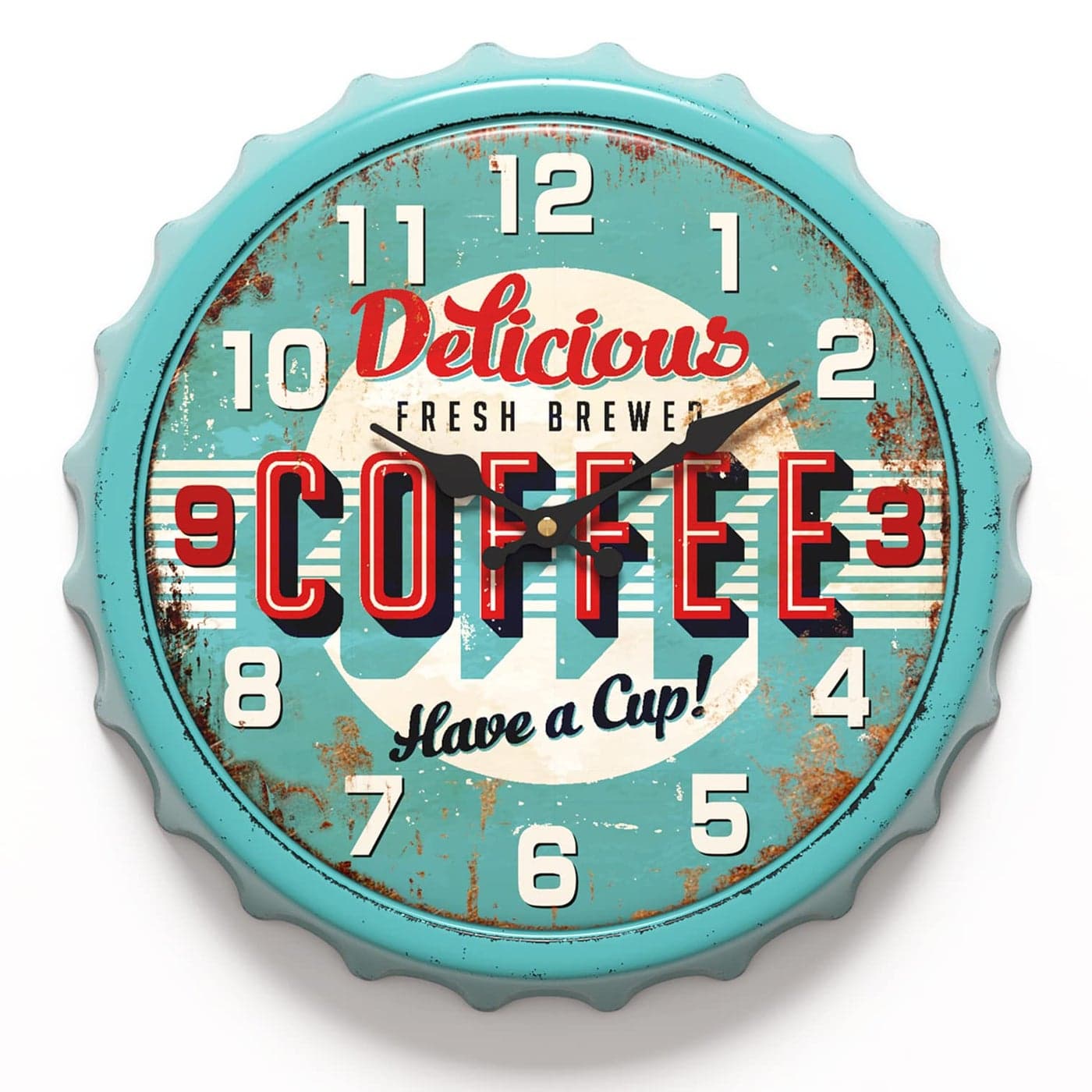 Menterry Bottle Cap Design Iron Retro Wall Clock 13 inch Vintage Style Silent NonTicking Battery Operated Creative Decor Wall Clocks for CafesFarmhouseOfficeKitchen Blue