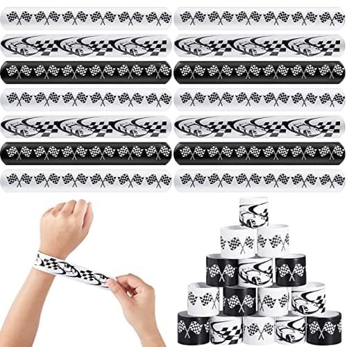 Lewtemi 48 Pcs Race Car Party Favors Slap Bracelets Racing Checkered Flag Slap Bracelet for Kids Adults Speed Car Party Birthday Classroom Prizes Exchanging Gifts Sports Events Supplies