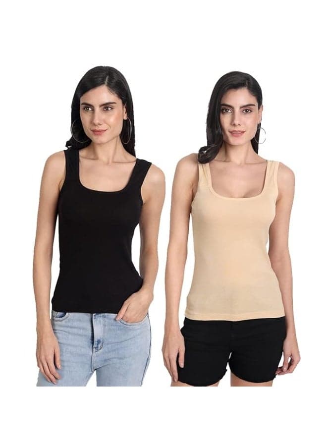Aimly Women's Cotton Sleeveless Black & Beige Camisole Slip Spaghetti (Pack of 2) in Black and Beige Colors