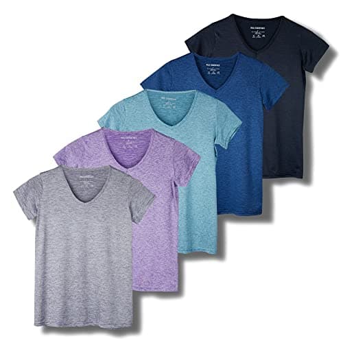 Real Essentials 5 Pack: Women's Dry Fit Short Sleeve V Neck Workout Top - Fitness Pilates Gym Athletic Yoga T-Shirt (Plus Available), Set 1, 2X