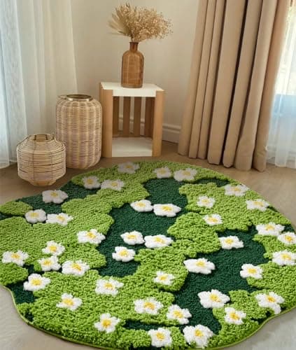 Ouyattle Cute Green Floral Large Bathroom Rugs Bath Mat 3ft Non Slip Washable Modern Chic Boho Aesthetic Trendy Funky Microfiber Shaggy Tufted Moss Rugs for Bedroom Dorm Nursery Bathroom Kitchen