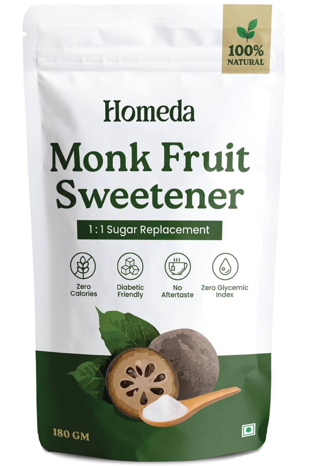 Homeda Monkfruit Sweetener Organic with Non-GMO Erythritol (180g) 1:1 Sugar Substitute | Monk Fruit Powder Sweetner Extract for Diabetes - Healthy Keto Zero Calorie Sugar