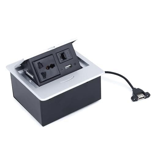 BOXNUBE Hydraulic Pop UP Box Cable Cubby Square Extension Board with 1 x Universal Power Sockets, 1 x Ethernet/LAN, 1 x USB Type A Ports (Silver)