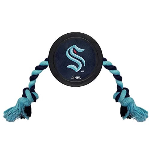 Pets First Rubber Dog Toy NHL Seattle Kraken Ice Hockey Puck PET Toy with HeavyDuty TUG Ropes A Tough Toy for Dogs Cats in a Hockey Puck Shape with Vibrant Team Logo Great Dental Pet Rope Toy