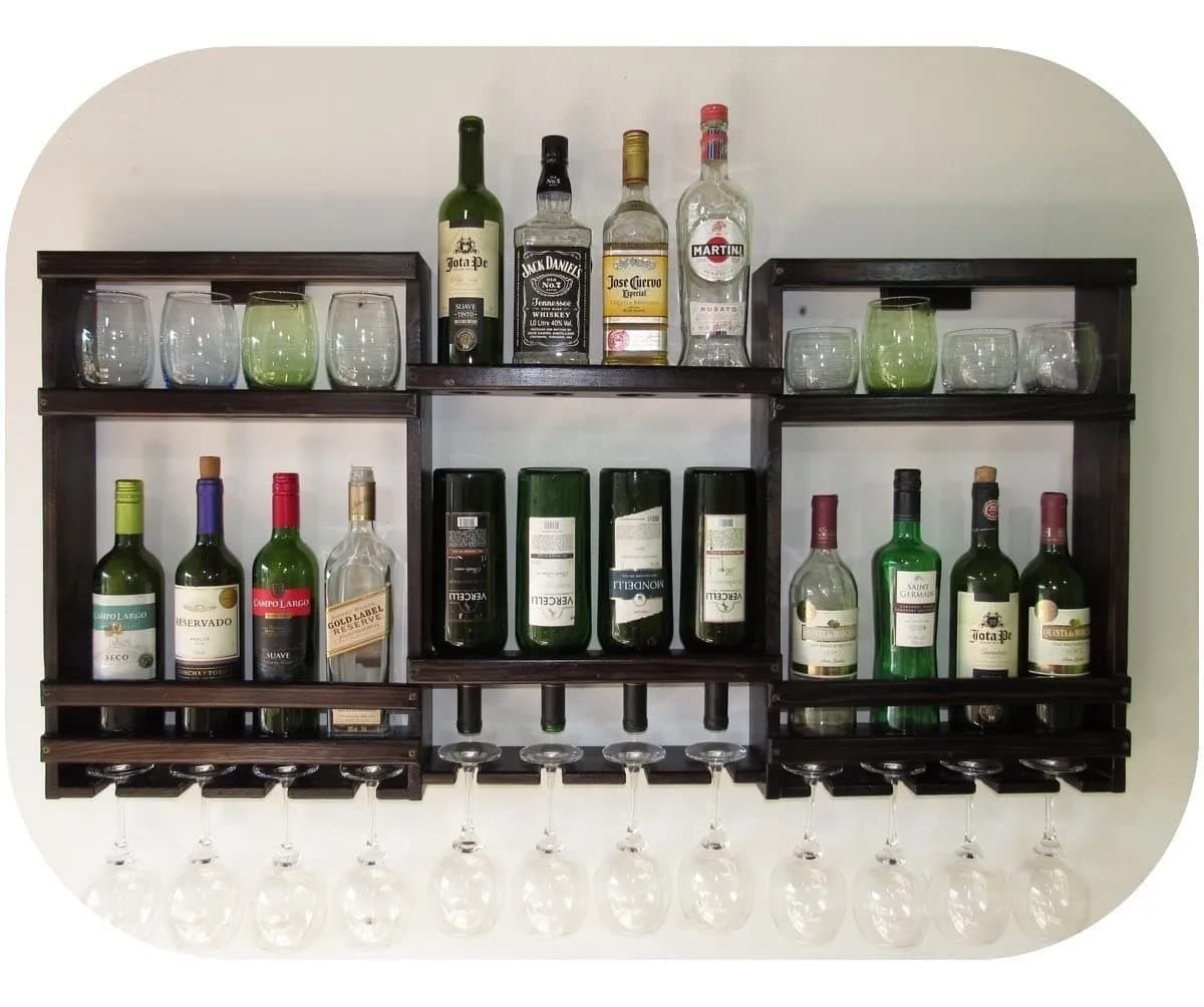ODEJIA Solid Sheesham Wood Bar Cabinet, Wall Mounted bar Cabinet, Wine Cellar Door Cup Bars, 20-22 Glass and 16-18 Bottle Holder Wine Rack (Big)