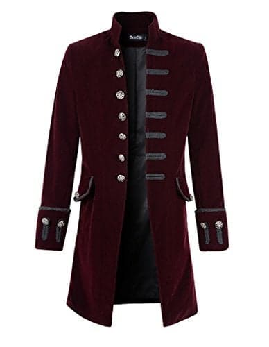 DarcChic Mens Velvet Goth Steampunk Victorian Frock Coat (S, Burgundy)