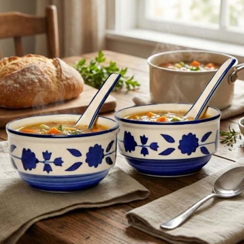 Freakway Handpainted Royal Blue Floral and Leaf-Stripe Pattern Ceramic Soup Bowls with Matching Spoons - (Set of 2, 350 ML, Dishwasher & Microwave Safe)