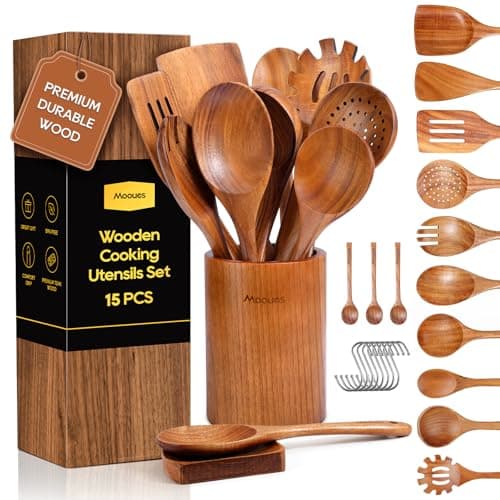 15Piece Wooden Spoons for Cooking Natural Teak Wooden Kitchen Utensils Set Comfort Grip