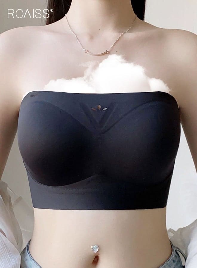 Women's Strapless Bra, Lightweight Strapless Lingerie for Women, Non-Slip Gathering Invisible Strapless Bra, Beautiful Back Glossy Seamless Plus Size Underwear, Black