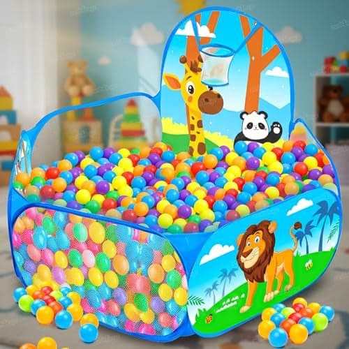 Zest 4 Toyz Ball Pool for Kids Play Pit with Fun Animal Design Indoor and Outdoor Playpen with Basketball Hoop Foldable Play Pool for Boys and Girls (20 Balls Included)-Jungle Themed