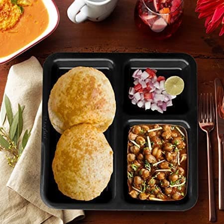Coolkart UnbreakableMicrowaveSafe 3Compartments DividedDinner Plate Pav Bhaji Plates for Restaurant Set of 12 Divided Mess Tray with Compartments for Event Party Black