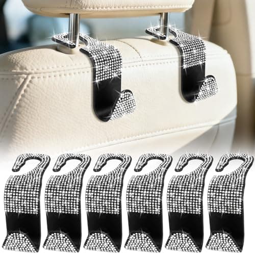 BFXM 6 Pack Bling Car Seat Headrest Hooks Bling Car Accessories for Women Rhinestone Purse Hook for Car Universal Storage Organizer for Handbag Grocery Bags Coats Bling White
