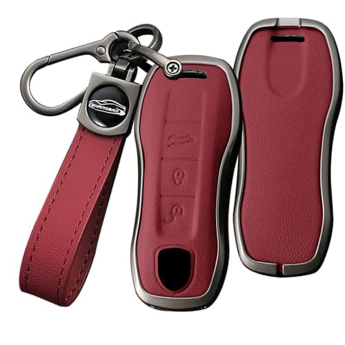 HIBEYO 3 Button Smart Key Fob Cover Compatible with Porsche 911 Cayenne Macan Panamera Taycan Key Holder Key Leather & Alloy Accessories with Keychains-3 Button Red