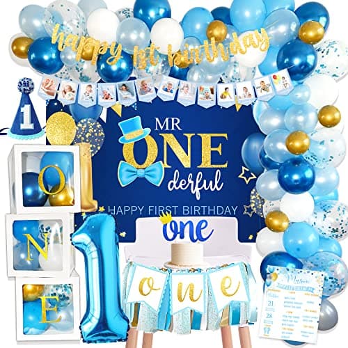 Baby Boy 1st Birthday Decorations 1st Birthday Boy Decorations Baby First Bday Party Supplies Balloon Boxes Backdrop High Chair Banner Crown Photo Banner Balloon Garland for One Year Old
