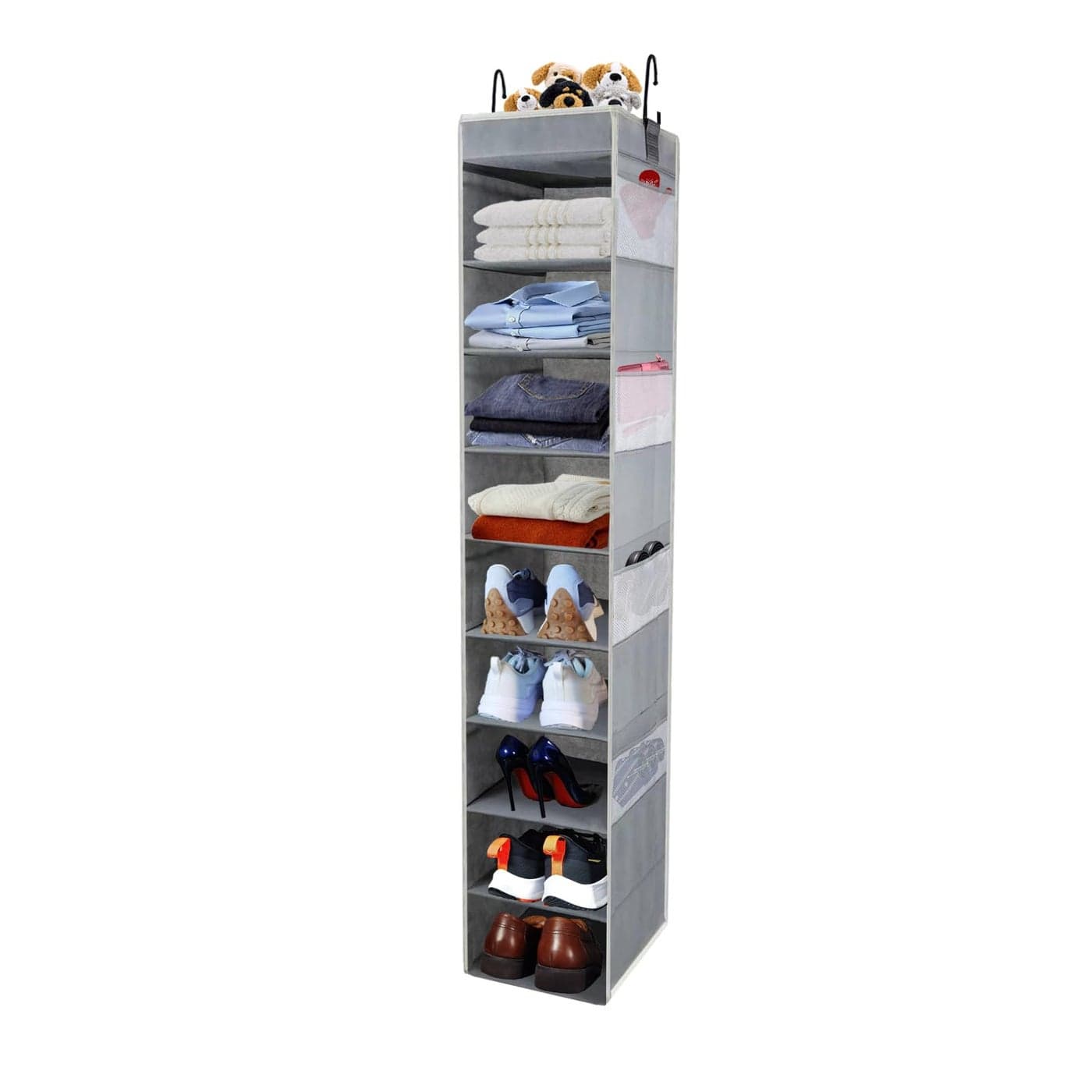 roomtalk LargeSized Hanging Shoe Organizer 10Shelf Sturdy Hanging Closet Organizer with 8 Side Pockets Wider Hanging Shelves for Storage Shoes Clothes Jeans Shirts Toys Grey