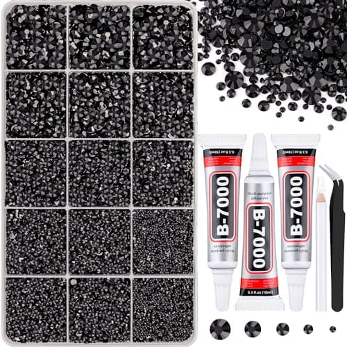 16000Pcs Resin Jelly Rhinestones for Crafting, Black Rhinestones Flatback Gems, Bedazzling Crystal with 3Pcs 10ml B7000 Jewelry Glue for DIY Crafts Clothing Tumblers Shoes Fabric Nail Art