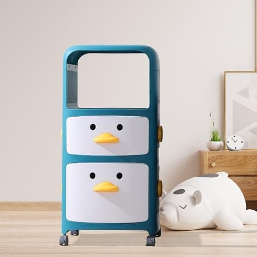 Kuber Industries (Pack of 1) Duck Storage Rack | Large Capacity Trolley Rack For Living Room | Storage Rack For Books | Multipurpose Storage Trolley with Drawers & Wheels For Toys | 518 |Blue