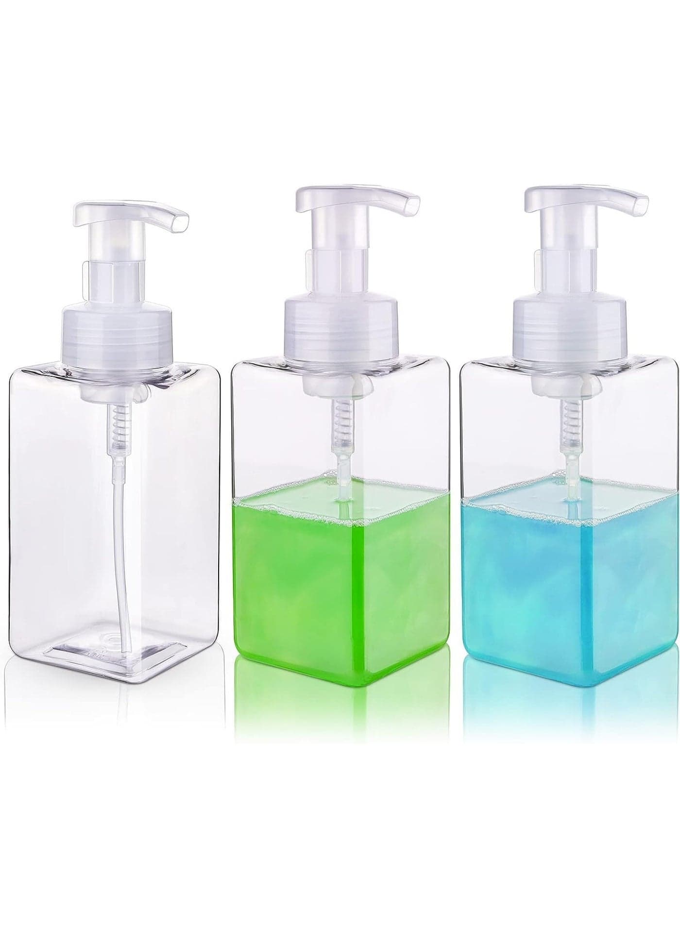 3 Pcs Foaming Soap Dispenser,15.2oz Square Refillable Plastic Hand Pump Bottle for Liquid Soap Shampoo Body Wash (Clear)450ml