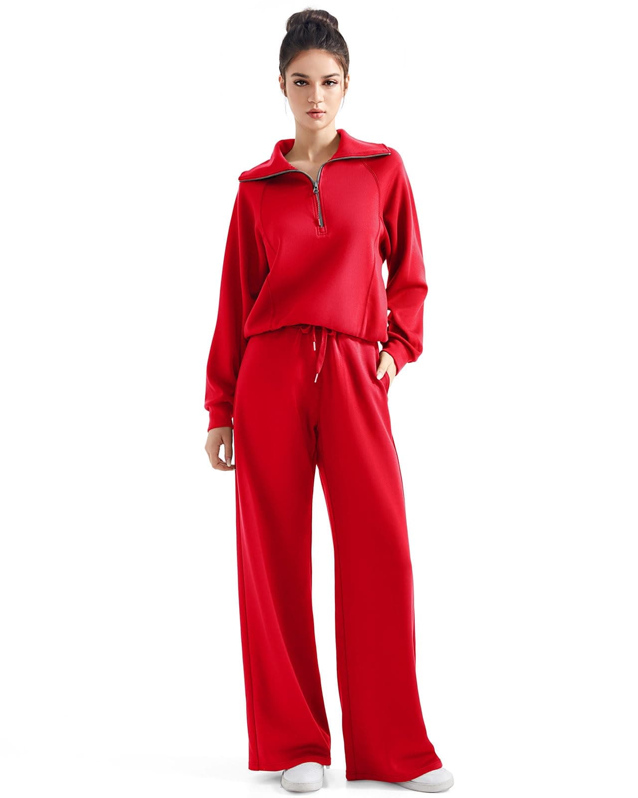 SUUKSESS Women 2 Piece Lounge Matching Sets Wide Leg Sweatpants Half Zip Oversized Sweatshirts (Red, S)