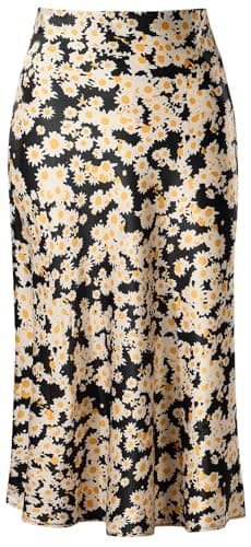 Keasmto Womens Floral Midi Skirt High Waisted Daisy Print Flowers Silk Satin Summer Casual Skirts M