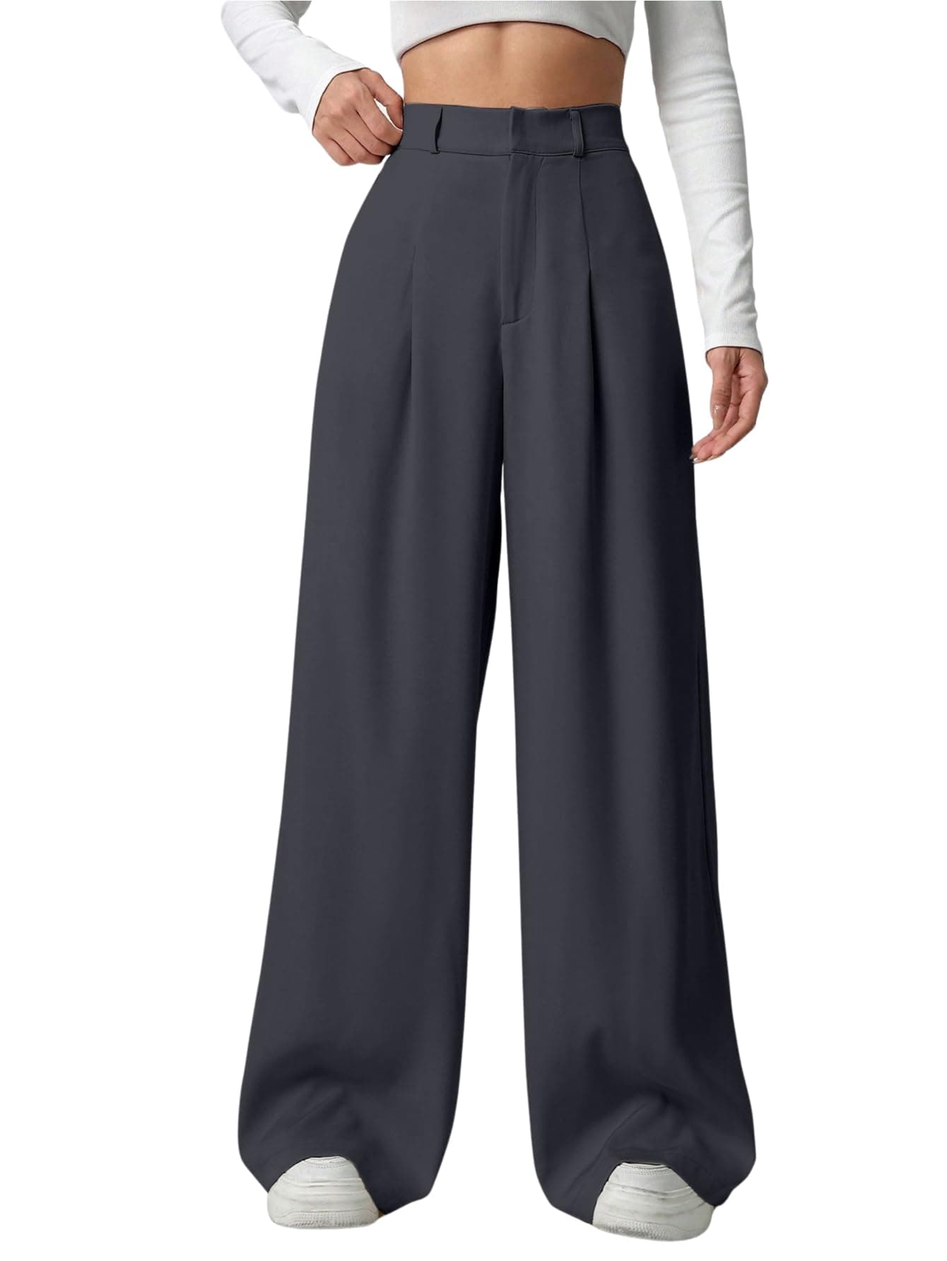 Aahwan Cgrey Solid High Waist Straight Korean Loose Pleated Wide Leg Trouser for Women's & Girl's(296-Cgrey-28)