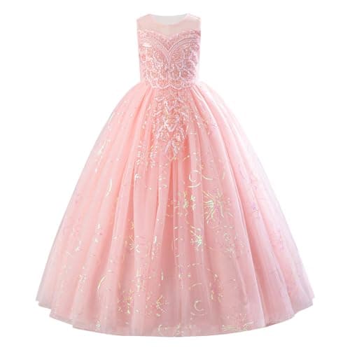 IDOPIP Sequin Appliques Flower Girl Dress for Kids Wedding Bridesmaid Pageant Party Formal Long Maxi Gown Big Little Princess First Communion Birthday Prom Shiny Puffy Tulle Dresses Pink 11-12 Years