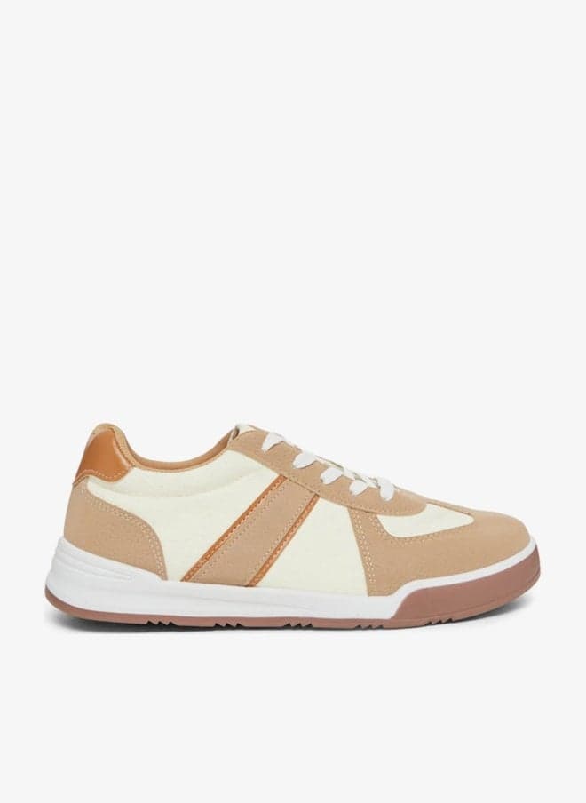 Beige Contrast Panel Lace-Up Sneakers