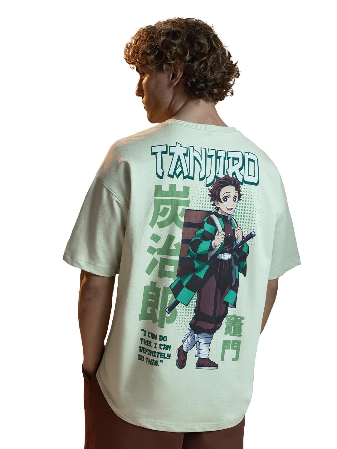 The Souled Store Demon Slayer: Tanjiro Men and Boys Short Sleeves Round Neck Green Graphic Printed Cotton Lightweight All-Season Oversized T-Shirt