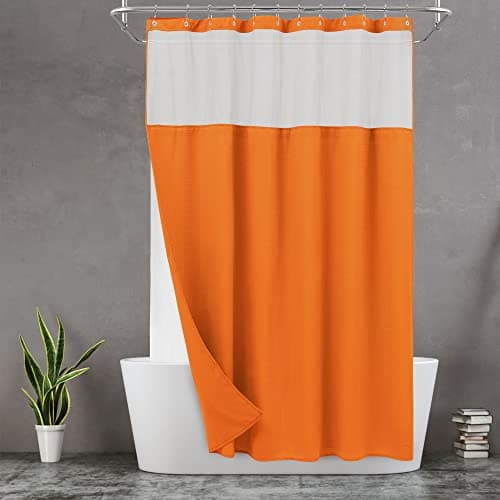 NY HOME Waffle Weave Shower Curtain with Snapin Fabric Liner 12 Metal Hooks Set Hotel Style Waterproof Washable Heavyweight Fabric Mesh Top Window 71x72 Orange
