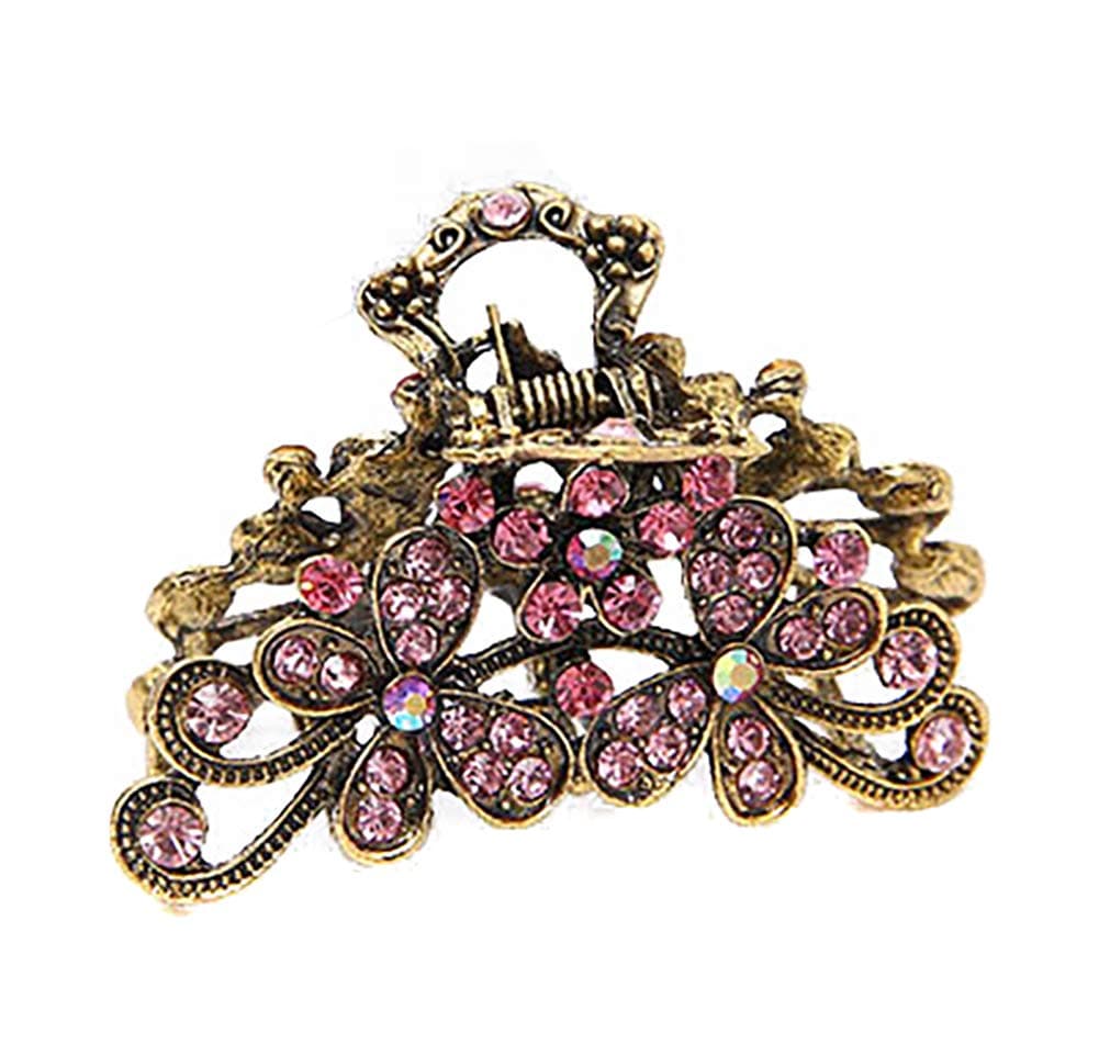 Retro Flowers Hair Claw Clip for Women Lady Vintage Alloy Rhinestone Hair Jaw Clips Hairpin Fancy Hair Barrette Clamp Pink