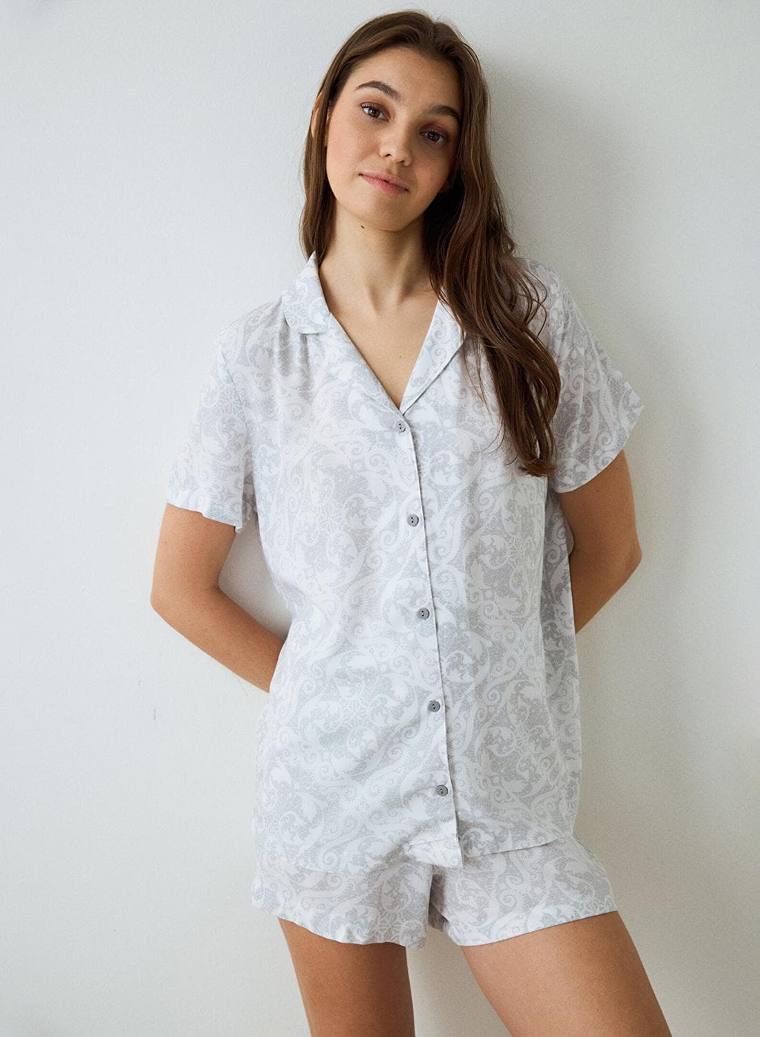 Penti Light Grey Light Gray Roses Shirt Collar Short Sleeve Shorts Pyjamas Set