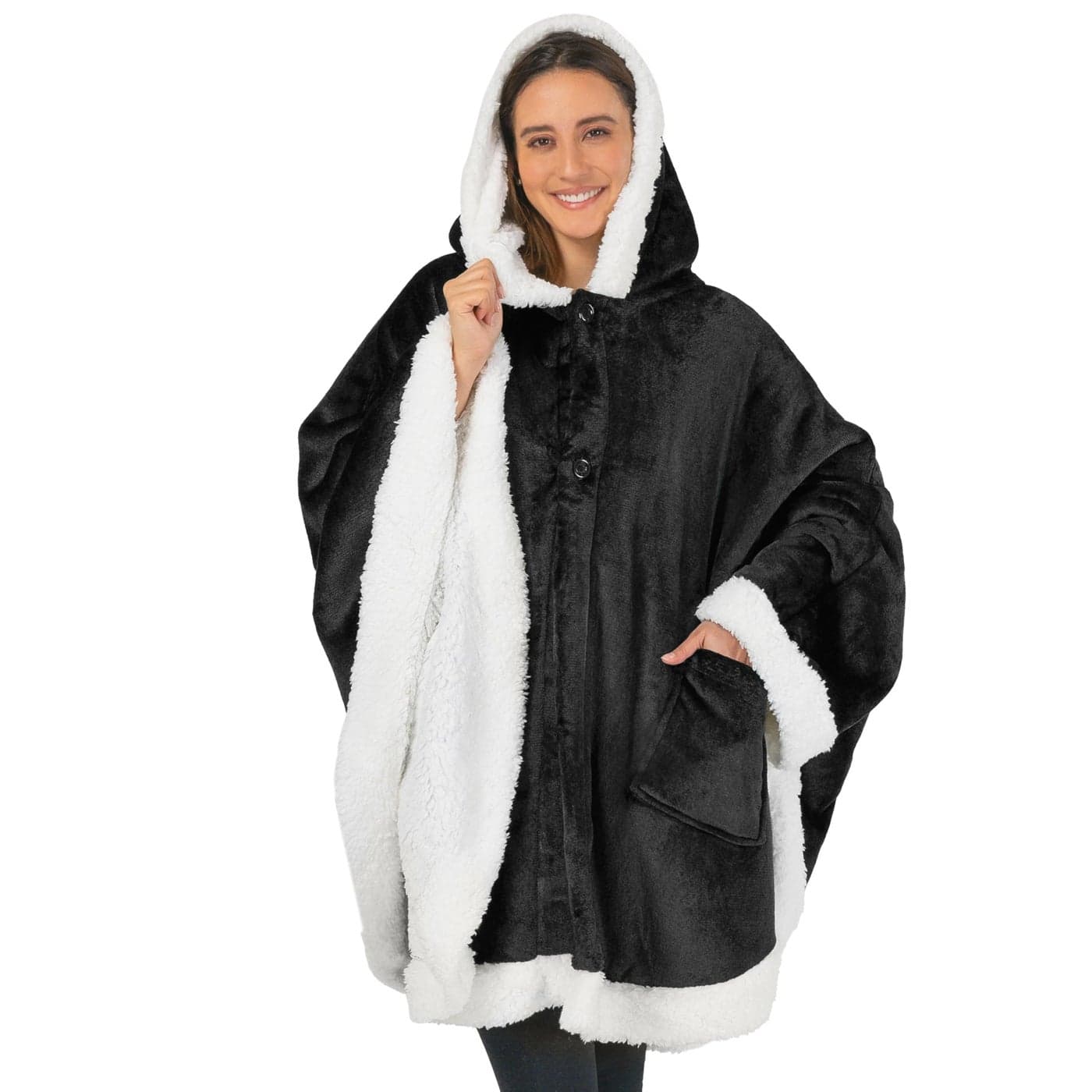 PAVILIA Sherpa Fleece Wearable Blanket for Adult Women Cozy Plush Blanket Poncho Cape with Hood Super Soft Shawl Angel Wrap Throw for Office Black
