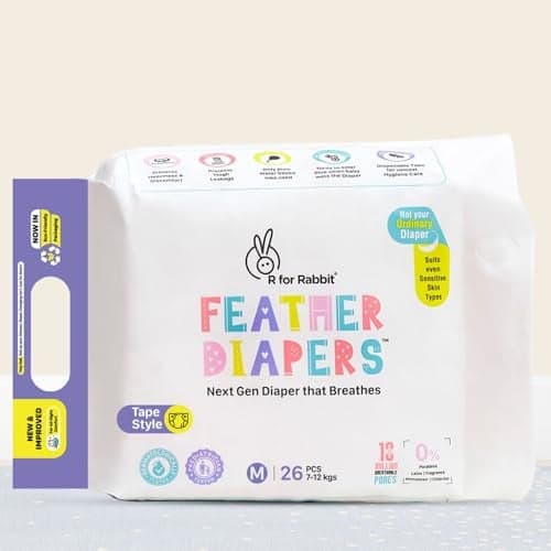 R for Rabbit Medium M Size Premium Feather Diaper Tape Style for Baby 7 to 12 kgs (26 Pack Offer)