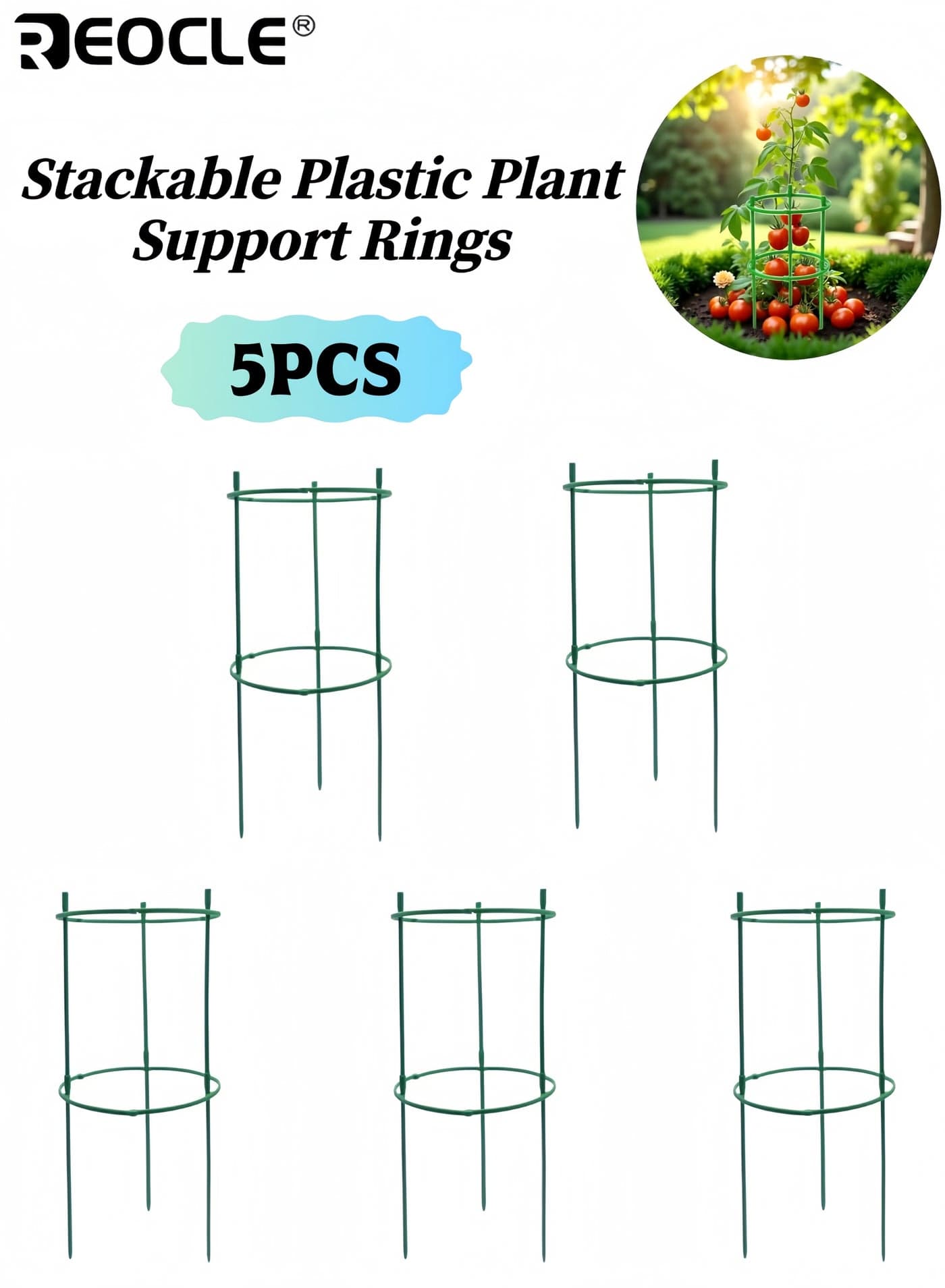 5pcs Stackable Plastic Plant Support Rings Garden Stakes for Flowers Climbing Plants Durable Green Design for Vibrant Garden Decor Assembly Design Stackable Collapsible Garden Stakes for Balcony Courtyard