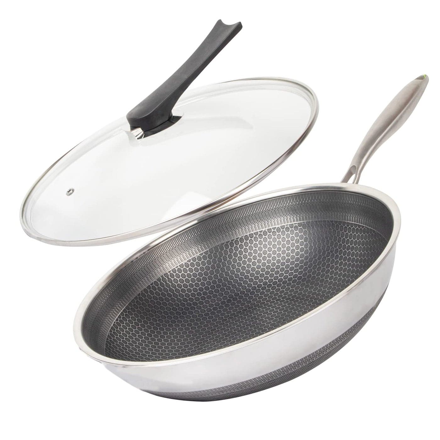 CATHYLIN 125 316L Stainless Steel Honeycomb Non Stick Wok Pan Stirfry Wok with LidSkillet with Staycool Handle PFOA Free Suitable for Induction Ceramic Electric and Gas Cooktops
