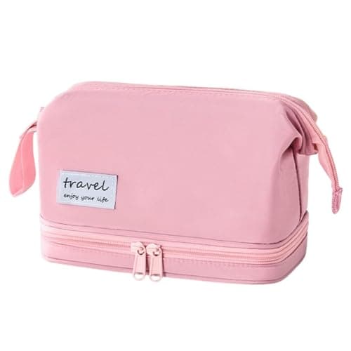 FunBlast Makeup Bag, Portable Cosmetic Bag, Large Capacity Travel Makeup Organizer, Leather Cosmetic Brush Case for Women Toiletry Bag for Girls with Handle, Make up and Accessories Bag (Pink)