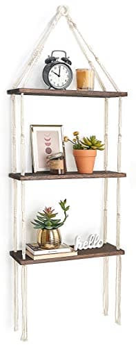 Mkono Macrame Wall Hanging Shelf 3 Tier Wood Floating Shelves with Cute Woven Rope Boho Room Decor Display Photos Plant Hanging Storage Shelves for Bathroom Bedroom Living Room Nursery